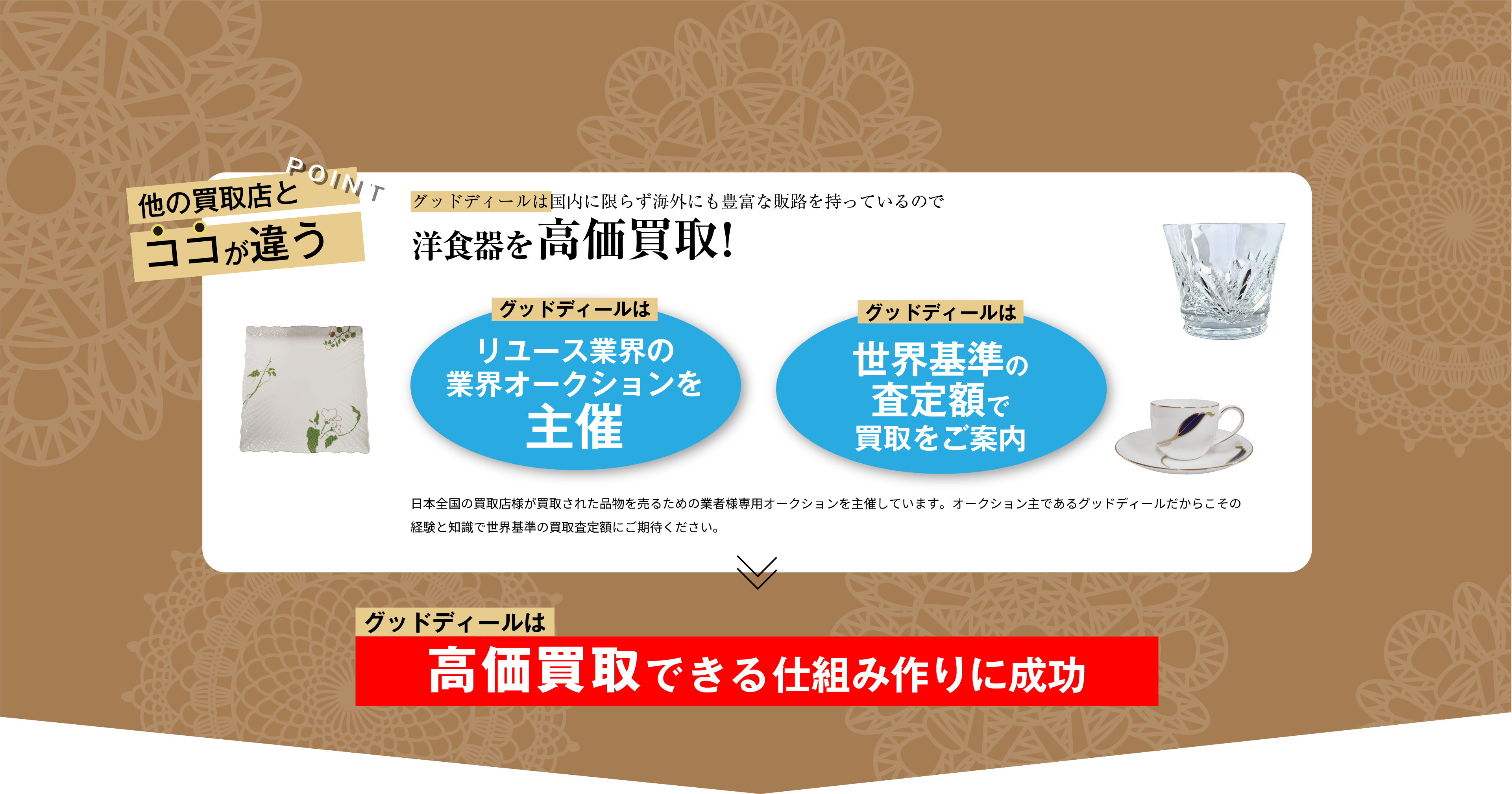 POINT 他の買取店とココが違う グッドディールは国内に限らずアメリカやヨーロッパ等海外にも豊富な販路を持っているので、洋食器を高価買取! グッドディールはリユース業界の業界オークションを主催 グッドディールは世界基準の査定額で買取をご案内 日本全国の買取店様が買取された品物を売るための業者様専用オークションを主催しています。オークション主であるグッドディールだからこその経験と知識で世界基準の買取査定額にご期待ください。 グッドディールは高価買取できる仕組み作りに成功